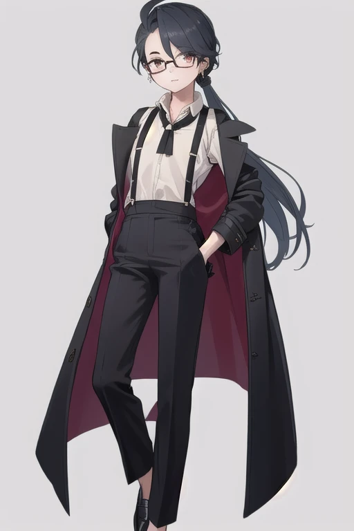 ((highest quality)), ((masterpiece)), (be familiar with),One girl,Chile,White Eyes,Earrings,Small breasts,Flat Chest,Black tie,shirt,White shirt,suspenders,Black gloves,Black trousers,shoes,good looking,Glasses,coat