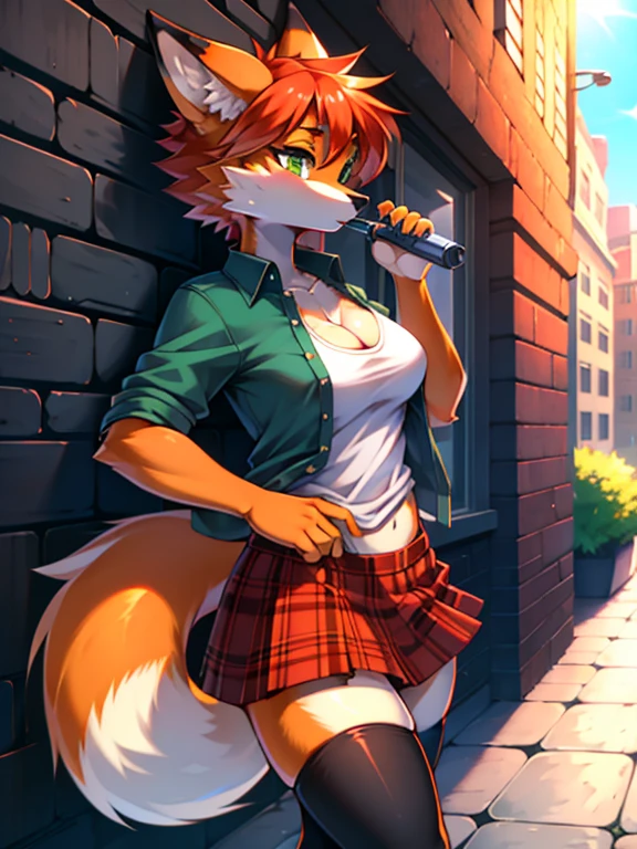 (furry art, masterpiece, golden rule, best quality, 4k, 2k, shaded, absurd res), hip tuft, leg tuft, fluffy fur, whiskers, beautiful eyes, (anthro furry:1.3, snout:1.2, anthro:1.3, furry:1.2, female:1.2), (anthro_female_vixen:1.2), (orange fur:1.1), tomboy, punk hair, small breasts, fox tails, green eyes, small butt, sass, outfit, adult, plaid skirt, boyfriend shirt, open shirt, absolute cleavage, two tone fur, leaning against a brick wall, mid shot, vaping, thigh highs,nsfw,