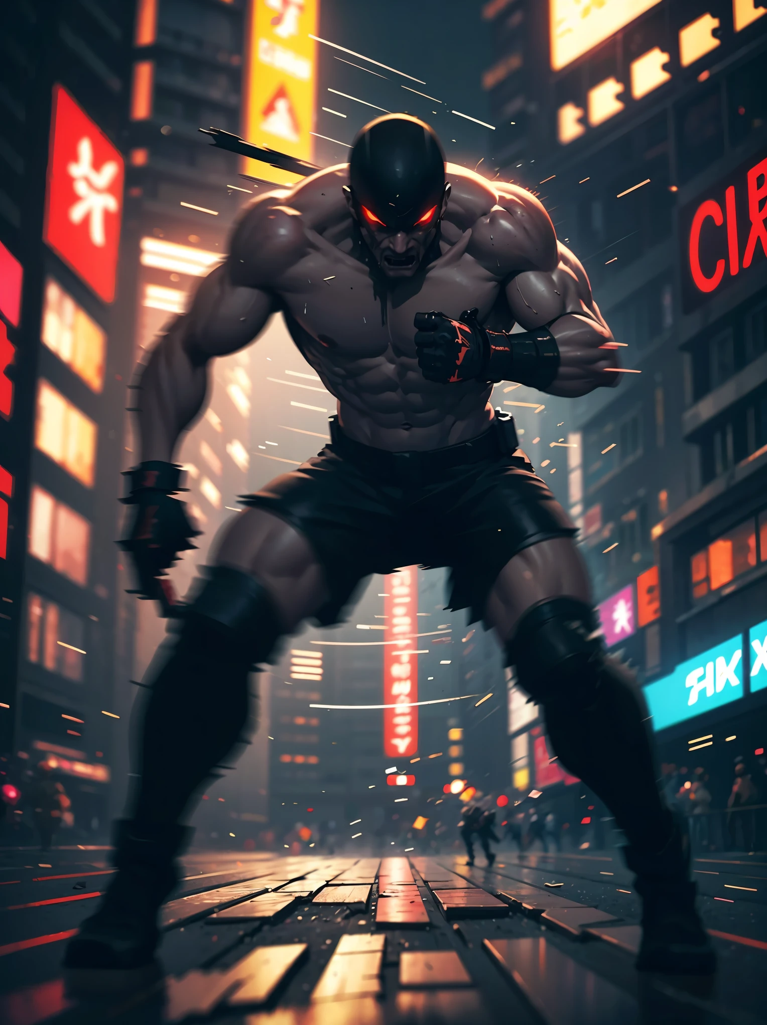 (high quality, 8k, 4K, high contrast, masterpiece: 1.2, 最high quality, best aesthetic), Shibuya crossing, post-apocalyptic, 1 man, focus, intense fight, fighting action pose, ((( Blur effect motion speed: 1.6))), destroyed Tokyo atmosphere, empty street scene, broken neon signs, depressing atmosphere, fast movement, ((motion blur on arms)), shadow assassin, assassinating an enemy , destroyed architecture, blood on the ground, less blood stained, evil energy, cinematic colors, dynamic settings, atmospheric perspective, epic lighting