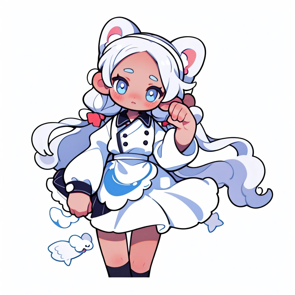 Best Quality, masterpiece, long hair,  solo, long pigtails, white background, white hair, bangs, simple background, long pigtails, light blue eyes, ((dark skin 1:1)), dark skin, blushing, oversized light blue hoodie, white bear ears, (normal lighting), maid headband, tenshi kaiwai, ((solo)), ((1girl)), facing camera, floating, oversized sleeves, 