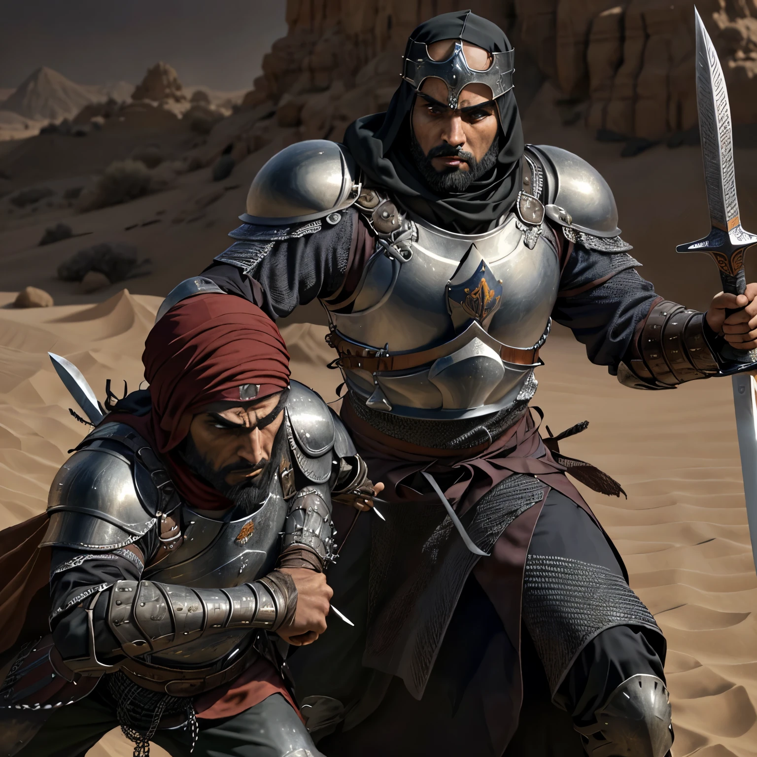 A Muslim warrior, clad in armor and brandishing a sharp sword, confronts a Crusader warrior, dressed in Chainmail and wielding a shield and a longsword. The battlefield is set against the backdrop of a desolate desert sunset, with the orange and red hues casting long, dramatic shadows. The Muslim warrior's face is intensely focused, a determined expression etched upon it as he looks upon his adversary. His eyes, enhanced by intricate, ultra-high resolution detailing, are filled with fierce concentration and determination. Without warning, the Muslim warrior lunges forward, his blade slicing through the air with a hiss. The Crusader warrior, caught off guard,