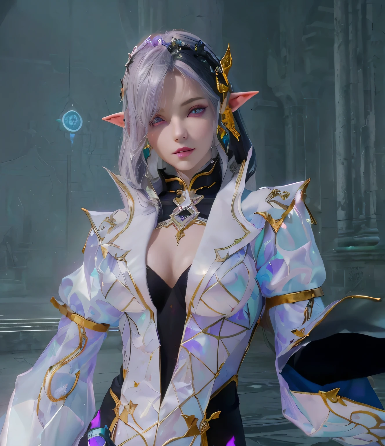 arafed female in a white and purple outfit with a sword, lineage 2 revolution style, glossy white armor, sliver ice color reflected armor, beautiful necromancer, alluring mesmer woman, from lineage 2, holy cyborg necromancer girl, 8 k character details, dark elf princess, she has elf ears and green eyes