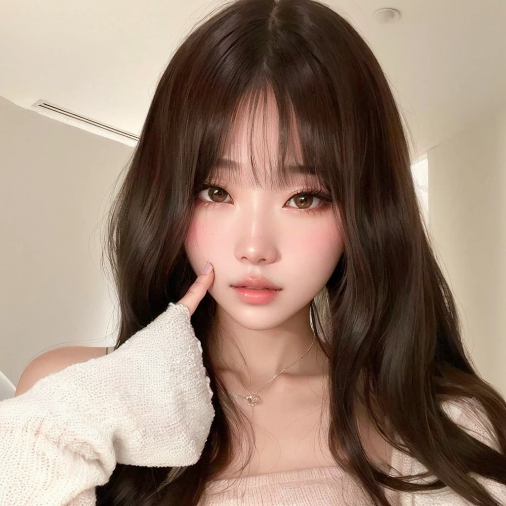 a closeup of a woman with long hair and a sweater, Woonyoung, ulzzang, Woonyoung de Ive, con flequillo, long hair con flequillo, Jang Woonyoung, muchacha coreana, joven y adorable rostro coreano, jinyoung shin, pale korean adorable face, long hair Con flequillo completo, hermosa mujer surcoreana, Con flequillo completo y ojos azul zafiro
