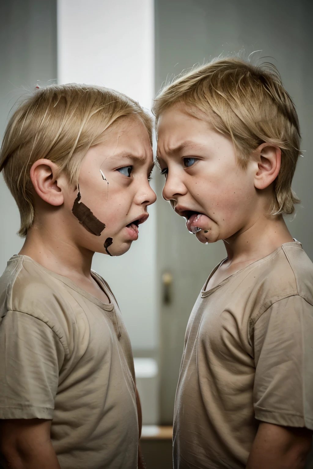 TWO CHILDREN BOYS WITH BLOND HAIR AND ANGRY FACE FACING EACH OTHER