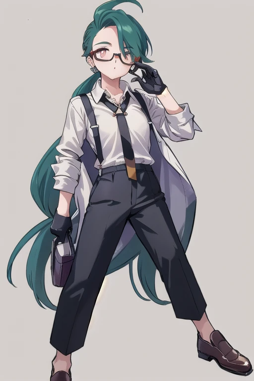 ((highest quality)), ((masterpiece)), (be familiar with),One girl,Chile,White Eyes,Earrings,Small breasts,Flat Chest,Black tie,shirt,White shirt,suspenders,Black gloves,Black trousers,shoes,good looking,Glasses,coat