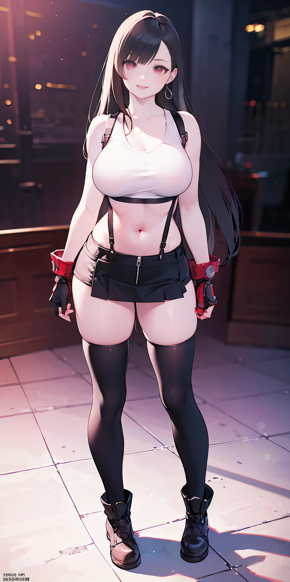 (8k, best quality, masterpiece:1.2) (realistic, photo-realistic:1.37) (full body) 1female solo girl, standing, legs apart (wide stance) standing contrapposto, ultra-detailed, cute (Tifa Lockhart) (large breasts:1.5) (beautiful detailed eyes) (smile:1.2) (closed mouth) sharp focus, depth of field, good composition, Final Fantasy VII, very long straight hair, hair bang ((red_eyes)), intricate, bokeh (Tetsuya Nomura style) perfect breasts, white tank top, black thong, suspenders, gloves, stockings, toned body, athletic, wide hips, thin waist, toned arms, exposed abdomen, view from behind