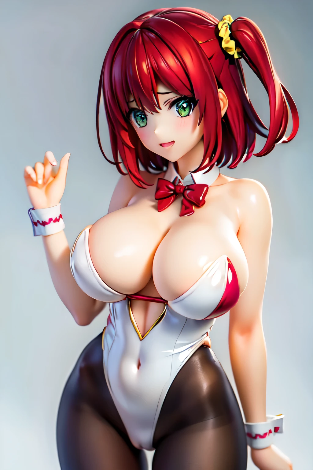 best quality, masterpiece, extremely detailed CG, official art , professional lighting, sakimiyairuka, (one side up), green scrunchie, hair ornament, red hair, green eyes, perfect face, shiny skin, playboy bunny, black pantyhose, bowtie, wrist cuffs, casino, cowboy shot