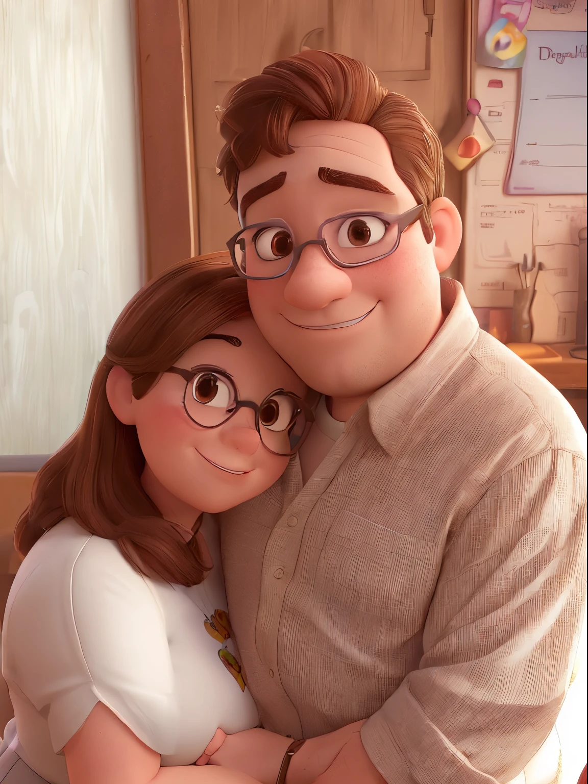 Lovely couple of an average grown up fat male with glasses and beautyful female no glasses at all, brown hair, brown eyes, holding echother, disney art,