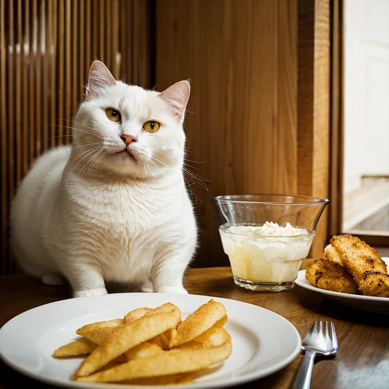 A fat white cat eats food