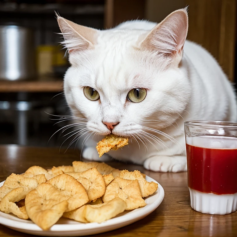 A fat white cat eats food
