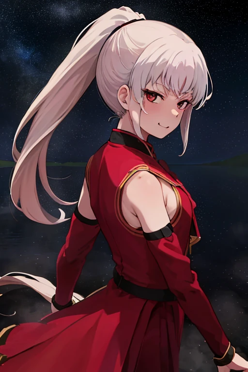 Break Bloodfallen, Break costume, ponytail, Outdoor, (night, Starry Sky:1.2), masterpiece, Put your arms behind your back, highest quality, One girl, whole body, Mouth closed, lake, reflection, Outdoor, formula wallpaper