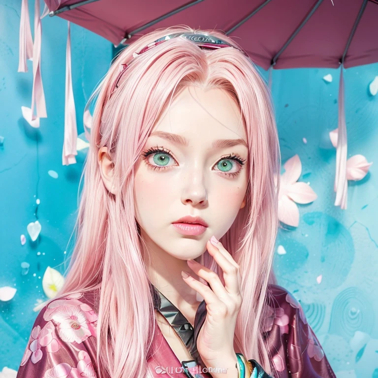 young woman, bubblegum pink hair tied in a bun, wide forehead, porcelain skin, pink eyebrows, emerald green eyes, upturned nose, thick pink lips, heart-shaped face, dark red clothes, Sakura Haruno, realism, well detailed, 3d
