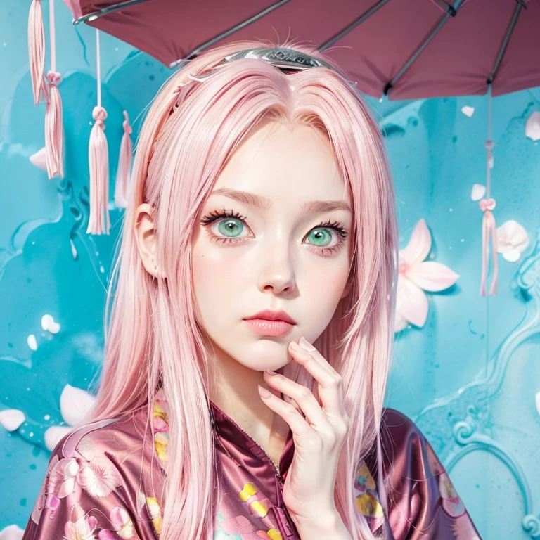 young woman, bubblegum pink hair tied in a bun, wide forehead, porcelain skin, pink eyebrows, emerald green eyes, upturned nose, thick pink lips, heart-shaped face, dark red clothes, Sakura Haruno, realism, well detailed, 3d