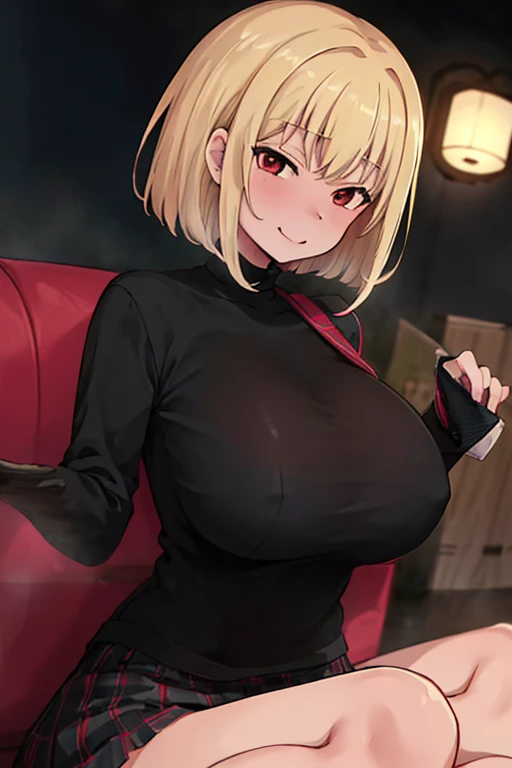 ((masterpiece)), (highest quality),, Official Art, Very detailed CG ユニティ 8k 壁紙, Very detailed, Shiny skin, Depth of written boundary, Bright colors,, One girl, (Curvy:0.4), (whole body:0.6),, short hair, bangs, Red eyes, skirt, View your viewers, night, street, neon, Recall, star (null), crowd, Upper Body,