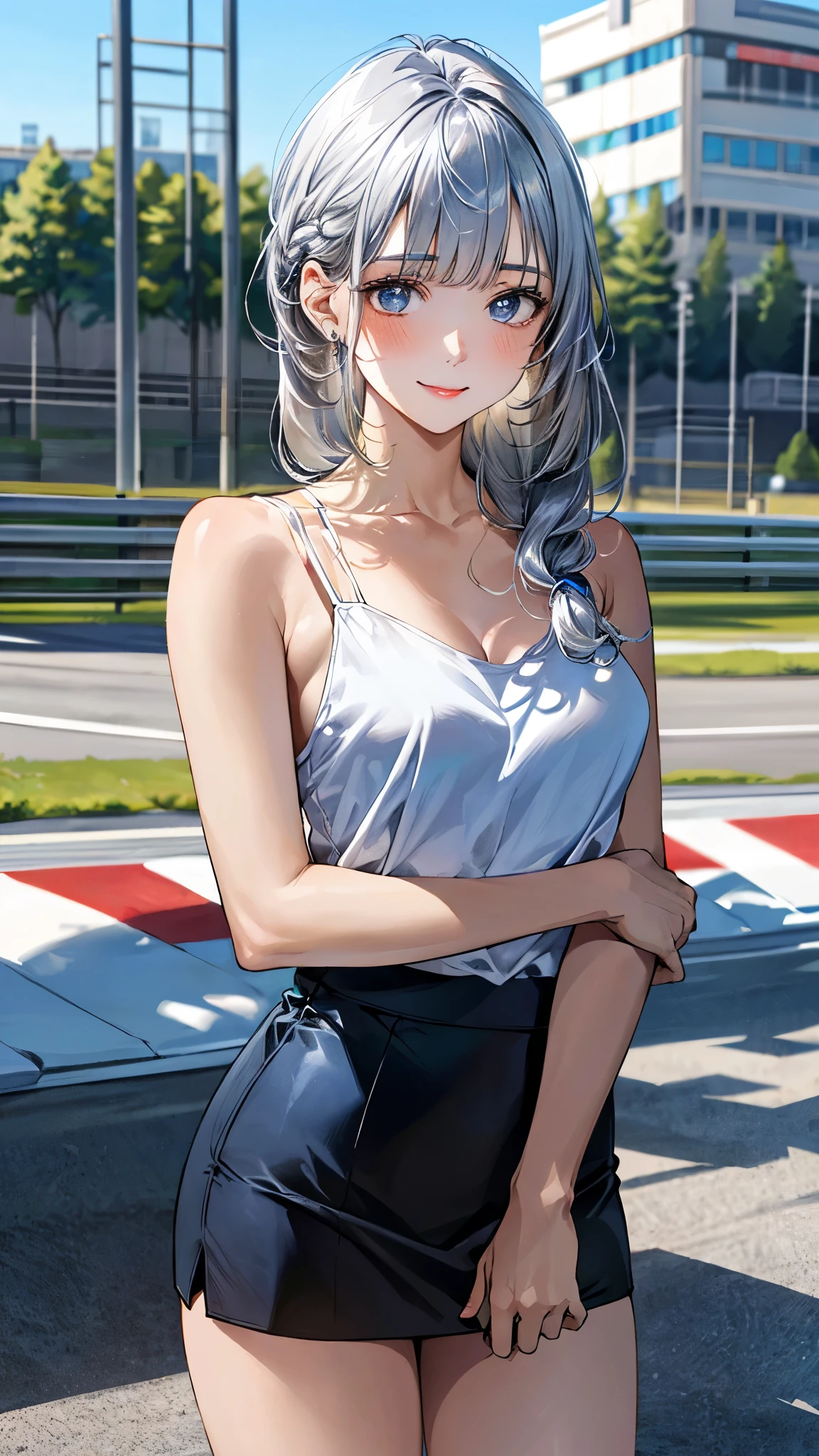 (masterpiece:1.3, top-quality, ultra high res, ultra detailed), (realistic, photorealistic:1.4), beautiful illustration, perfect lighting, natural lighting, colorful, depth of fields, surrealism,
beautiful detailed hair, beautiful detailed face, beautiful detailed eyes, beautiful clavicle, beautiful body, beautiful chest, beautiful thigh, beautiful legs, beautiful fingers, shiny skin, slender,
looking at viewer, 1 girl, japanese, office lady, 19 years old, (perfect anatomy, anatomically correct, super detailed skin), cute and symmetrical face, babyface, perfect face, perfect eyes,
(long hair:1.8, straight hair, silver hair), blunt bangs, twin braided bangs, blue eyes, drooping eyes, long eye lasher, (medium breasts, seductive thighs),
(v-neck navy blue tops, white camisole, black tight skirt),
(beautiful scenery), summer, (stand in a motorsport race, sky), extremely sexy, (lovely smile, surprised),