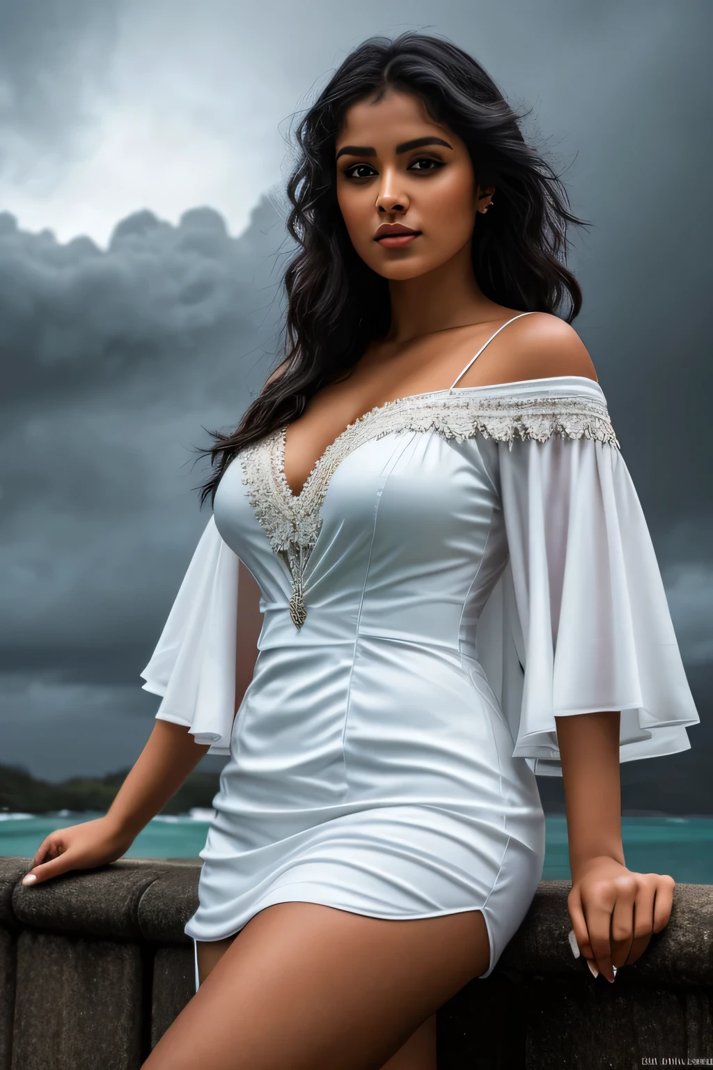 In the heart of Honolulu, Hawaii, stands the majestic 63 Kaumakapili Church, bathed in the soft glow of a stormy night. Amidst the raw, untamed beauty of the elements, a woman from Yemen poses for a real photo against the backdrop of this historical landmark.

Her attire, in keeping with the style of black and brown, light aqua and white, melds seamlessly with the surroundings. Her enchanting presence commands attention, her beauty as epic as the stormy weather outside. The image, rich in high resolution and imbued with a sense of grandeur, reveals itself as a high definition, 12k masterpiece