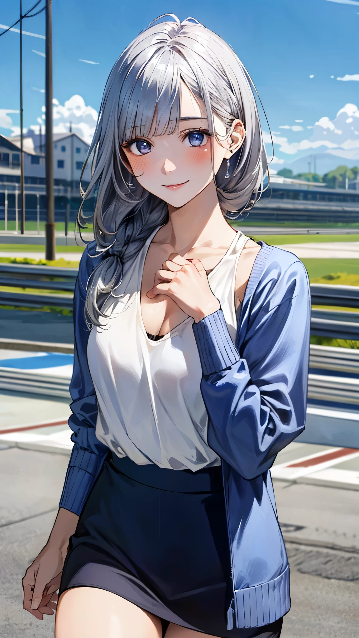 (masterpiece:1.3, top-quality, ultra high res, ultra detailed), (realistic, photorealistic:1.4), beautiful illustration, perfect lighting, natural lighting, colorful, depth of fields, surrealism,
beautiful detailed hair, beautiful detailed face, beautiful detailed eyes, beautiful clavicle, beautiful body, beautiful chest, beautiful thigh, beautiful legs, beautiful fingers, shiny skin, slender,
looking at viewer, 1 girl, japanese, office lady, 19 years old, (perfect anatomy, anatomically correct, super detailed skin), cute and symmetrical face, babyface, perfect face, perfect eyes,
(long hair:1.8, straight hair, silver hair), blunt bangs, twin braided bangs, blue eyes, drooping eyes, long eye lasher, (medium breasts, seductive thighs),
(v-neck navy blue tops, white camisole, black tight skirt),
(beautiful scenery), summer, (stand in a motorsport race, sky), extremely sexy, (lovely smile, surprised),