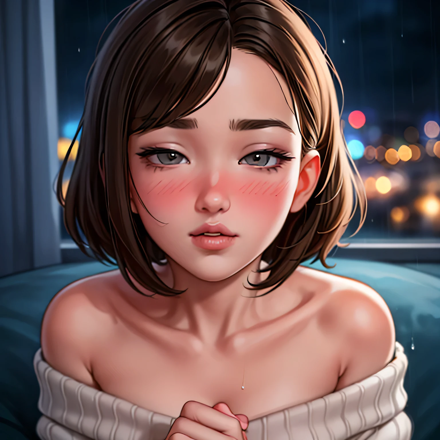 Amazing portrait of a sexy and cute woman who is the best friend's sister who is alone at home and having a late night gaming session with brown hair in a short bob style and soft eyes and her lips are parted with a deep blush wearing an off shoulder oversized grey sweater and sitting on couch during night time and it's raining outside but warm inside