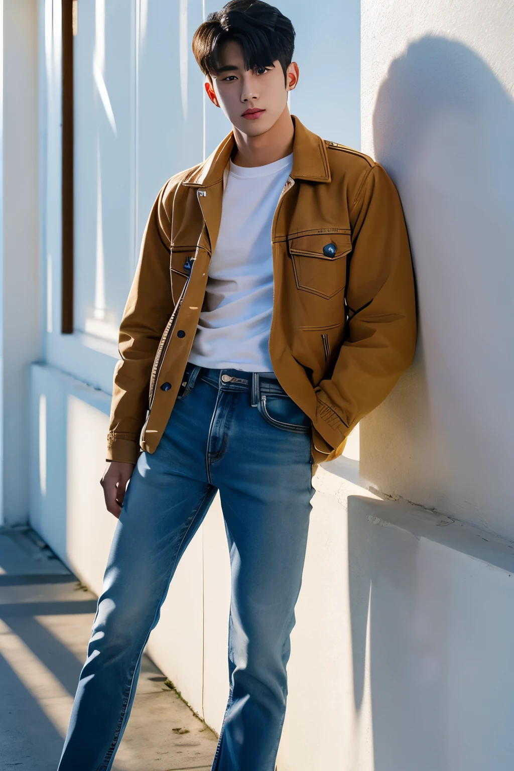 Alafed male model in white jeans and denim jacket leaning against wall, Korean Male, Jinyoung Shin, korean muscle boy 2 1 years old, model with attractive body, Cai Xukun's, taejune kim, male model, siwoo kim, inspired by Joong Keun Lee, Hyuntae, inspired by jeonseok lee, sun-hyuk kim, with abs