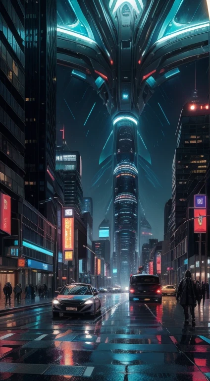 Create a photo-quality image of a futuristic city, Tall buildings with aesthetic designs that defy gravity but from a dystopian concept, con colores propios de un atardecer, lluvia, Lights of the city Pùrpura, metallic greens and blues. It also incorporates vehicles and public transport systems such as subways or minibuses also with futuristic styles..