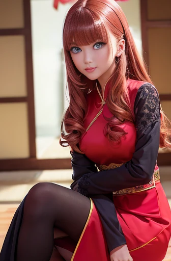 itsukinakano, Itsuki Nakano, bangs, blue eyes, Hair between the eyes, Ahoge, Redhead, star \(symbol\), hair ornaments, star hair ornaments,Long Hair,Low Ponytail,smile,blush,Open your mouth,Red Chinese Dress,Red China Slit,black tights,Stiletto heels,Put your arms behind your back and look,歩いてる
break indoors, Chinese-style cityscape,
break (masterpiece:1.2), highest quality, High resolution, unity 8k wallpaper, (shape:0.8), (Fine and beautiful eyes:1.6), Highly detailed face, Perfect lighting, Highly detailed CG, (Perfect hands, Perfect Anatomy),