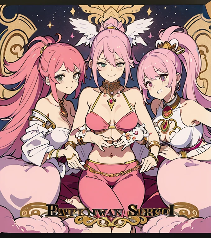 A smug narcissistic pink haired genie woman wearing a golden bra and pink puffy harem pants and lots of jewelry flaunting herself while being pleasured by a harem of girls wearing the same clothes as her
