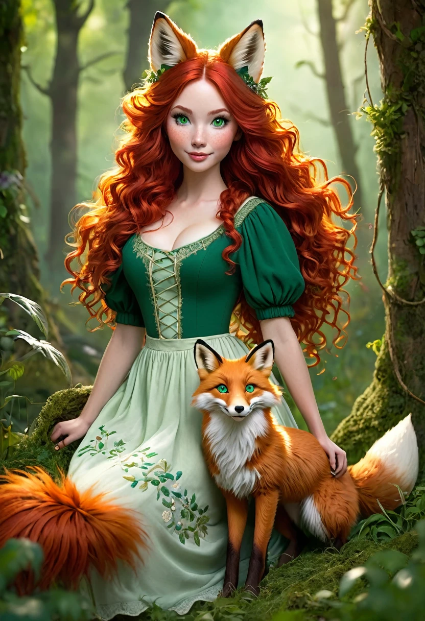A Stunningly Gorgeous Women-Like Creature (Female) From A Fairy Tale World. With Vibrant Red Hair That Is Long Legth Curly, Frizzy, Kinky And Bushy, And Large Detailed Fox Ears. Vibrant Forrest Green Eyes, With Prominent Large Canine Teeth. Beautiful Ethereal Chalk-White Skin. Female. Wearing A Rustic Forrst Green Dress Embroidered With Gold. Ultra Feminine. Fox Tail. Beautiful Wholesome Vestral Farm Girl. Slender-Body With Large-Breasts. Working On A Farm. Mash Up Of Olivia Munn And Molly Quinn. Looking At Viewer. , Greg Rutkowski, Thomas Kinkade