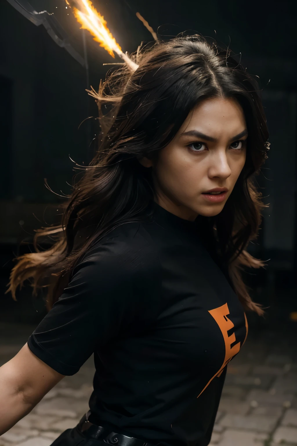 a character from dragon ball z, yellow eyes, gray outfit with a black t-shirt underneath, super saiyan aura with lightning, black hair, long hair, big hair, glaring, orange eyes, clenched teeth, annoyed, serious, anime, motion lines, character chart, from side, Canon, HD, 1080P, HD, 4K, HD