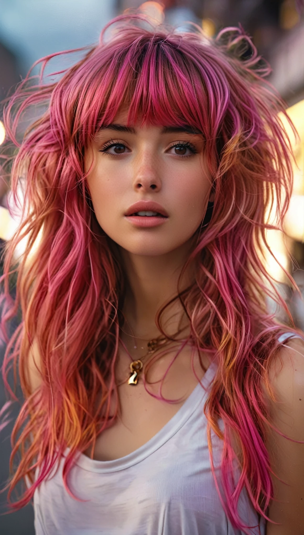 1girl, bangs, bellissima, blurry background, brown eyes, brown hair, freckles, long hair, looking at viewer, looking up, necklace, pink hair, realistic, sleeveless shirt, solo, upper body, wavy hair, wind