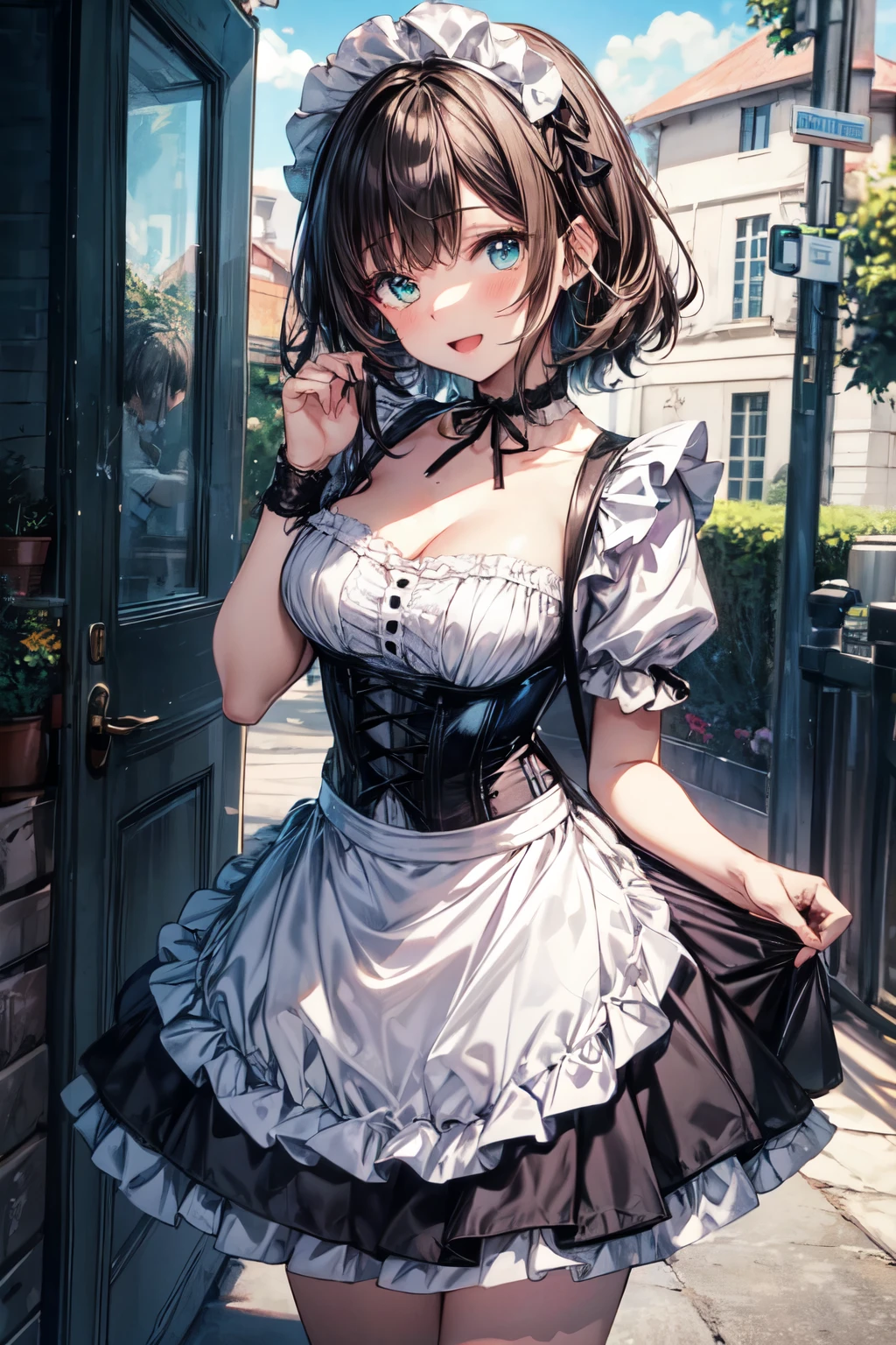 an extremely delicate,
beautiful girl,
break,
8k,
best quality,
masterpiece,
ultra hires,
ultra detailed girl,
super fine illustration,
break,
active pose,
outdoors,
shiny,
bright,
rim lighting,
break,
1girl,
solo,
college age,
perfect female body,

black hair,
short hair,
bangs hairpin,
asymmetrical bangs,


round face,
PaleTurquoise eyes,
sleepy,
(smile:0.8), open mouth,
medium breasts,


break,
black shirred Maid Dress,
apron,
black corset with straps,

choker ribbon,
cufflinks,