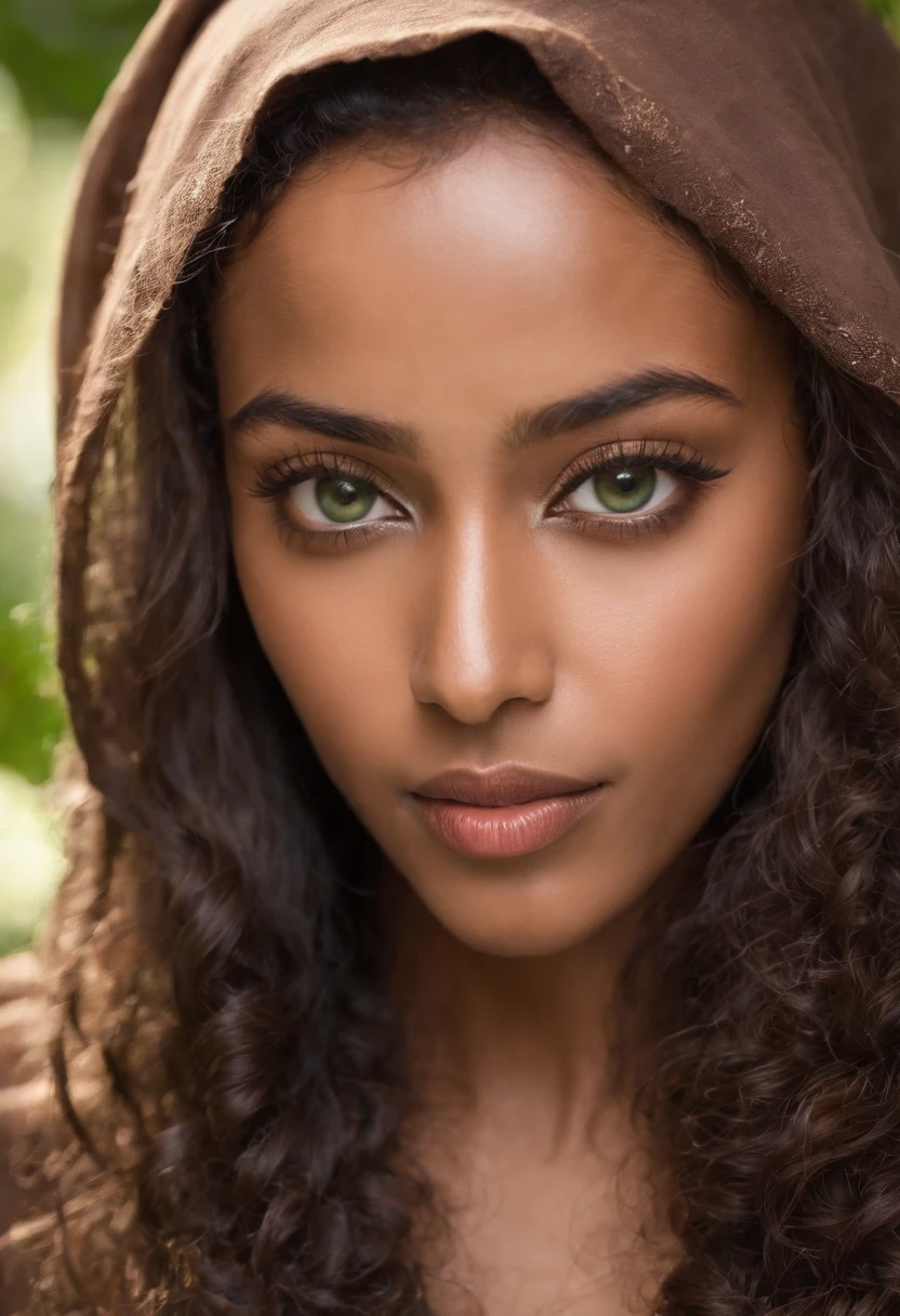 A beautiful, exotic, Ethiopian sexy girl with straight nose, brown glowing skin, long full curly hair, long lashes, mesmerizing green big eyes wearing a gold hijab