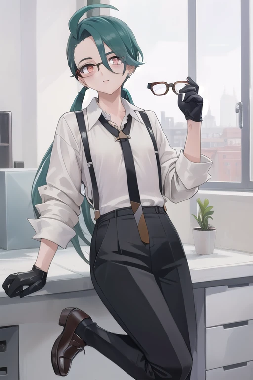 ((highest quality)), ((masterpiece)), (be familiar with),One girl,Chile,White Eyes,Earrings,Small breasts,Flat Chest,Black tie,shirt,White shirt,suspenders,Black gloves,Black trousers,shoes,good looking,Glasses,
