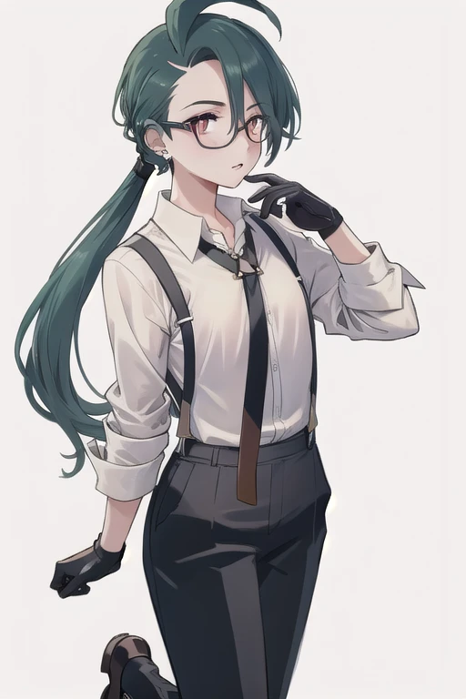 ((highest quality)), ((masterpiece)), (be familiar with),One girl,Chile,White Eyes,Earrings,Small breasts,Flat Chest,Black tie,shirt,White shirt,suspenders,Black gloves,Black trousers,shoes,good looking,Glasses,
