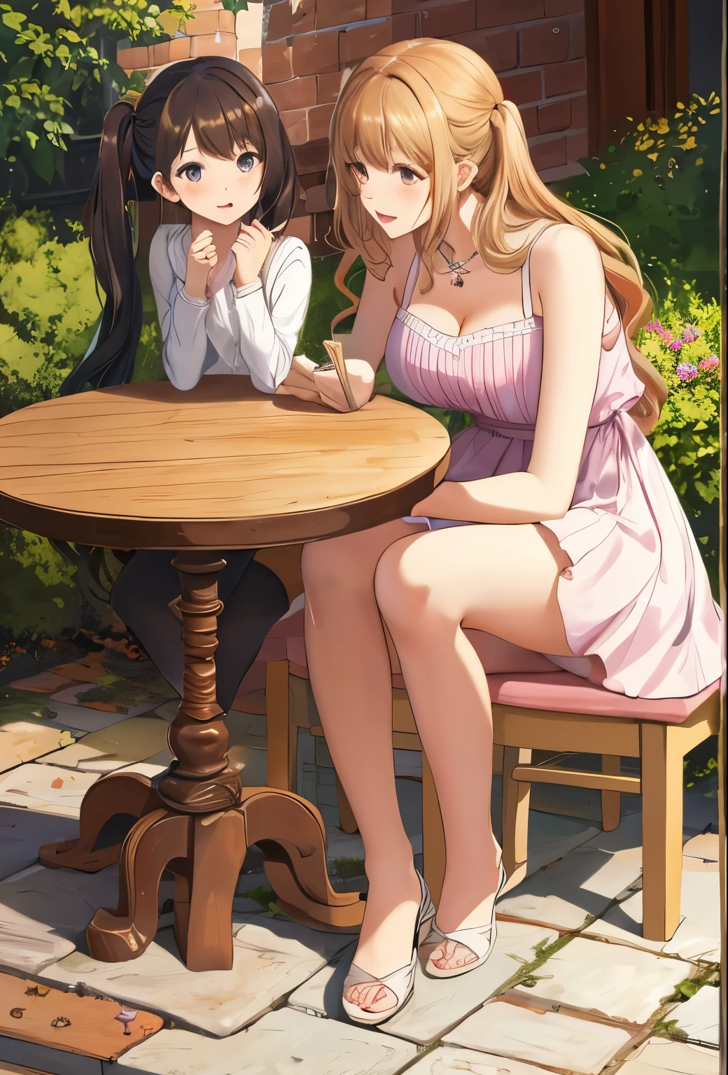 masterpiece, best quality, 2girls,full body, Mother and daughter, Voluptious body, mothers_and_daughter, age differrence,cafe