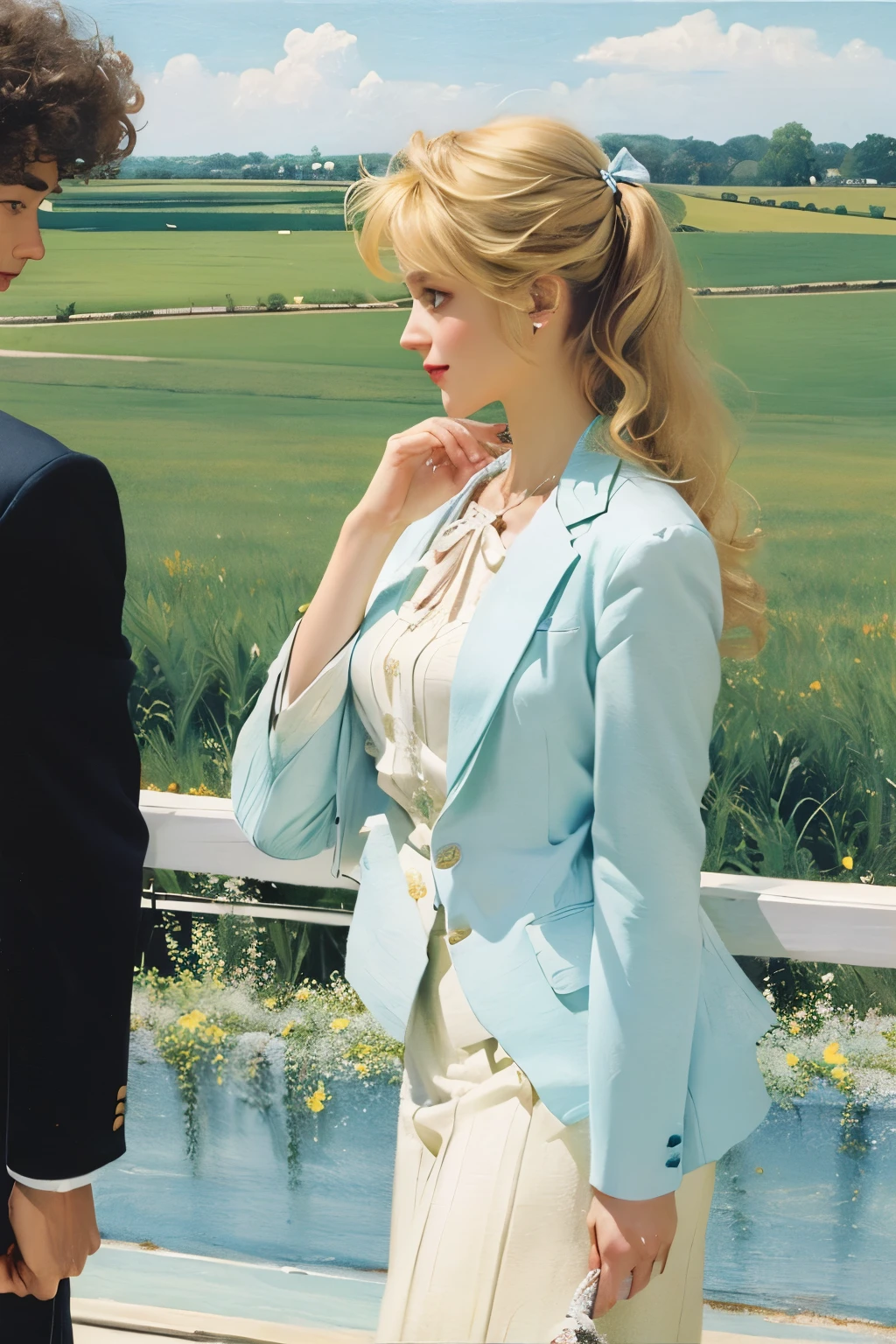 A greenish field with a curly-haired black girl with a big white bow on her back and a blond boy in a blue suit in front of her