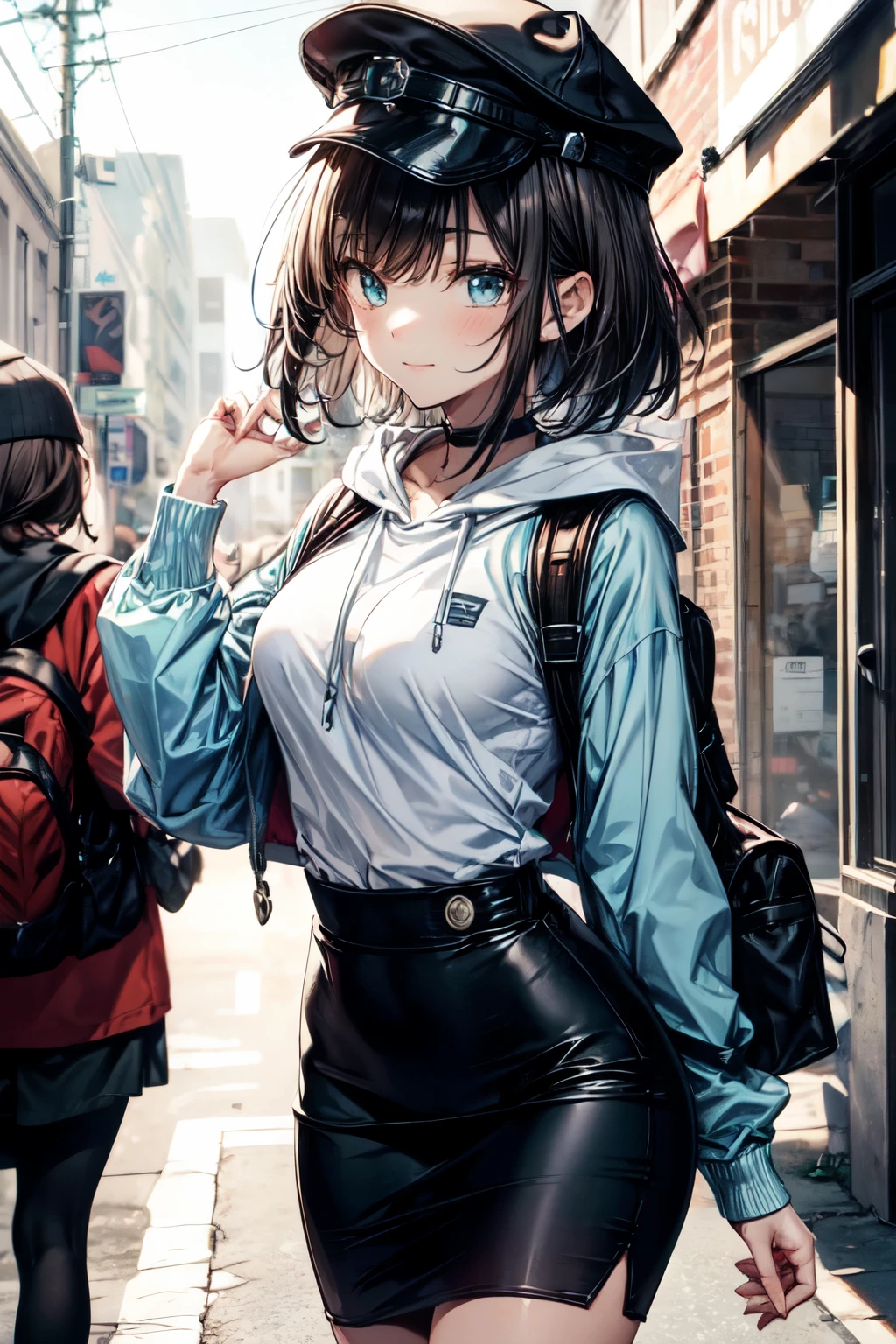 an extremely delicate,
beautiful girl,
break,
8k,
best quality,
masterpiece,
ultra hires,
ultra detailed girl,
super fine illustration,
break,
active pose,
street,
shiny,
bright,
rim lighting,
break,
1girl,
solo,
college age,
perfect female body,

black hair,
short hair,
bangs hairpin,
asymmetrical bangs,


round face,
PaleTurquoise eyes,
sleepy,
(smile:0.8),
medium breasts,


break,
casquette,
hoodie,
pencil Skirt,
long sleeves,
knapsack,