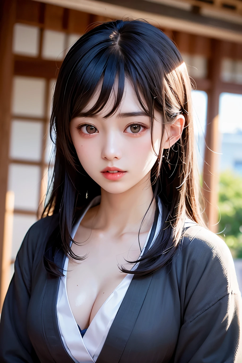 (1 nogizaka girl,raw photo,photo realistic:1.5),(best quality, high quality,HDR, highest quality,ultra high resolution,high resolution,high res,ultra high difinition,huge file size,8K,2K wallpaper,8K wallpaper,high quality texture,amazing,an extremely delicate:1.4),one girl, Japanese famous idol,beautiful face,small face,absurd,ridiculous,incredibly ridiculous,portrait,breasts close up,blurry background,(kimono,cleavage,no makeup:1.2),medium skin,beautiful skin,detailed skin,small head,black hair,silky hair,(Japanese eyes,almond eyes:1.5),detailed eyes,black eyes,Japanese idol eyes,Japanese nose,5-fingers,(eyebrow:-0.5),(Light Particles, Lens Flare, Luminous Particles: 0.7),looking at viewer,bright lighting,professional lighting,girl