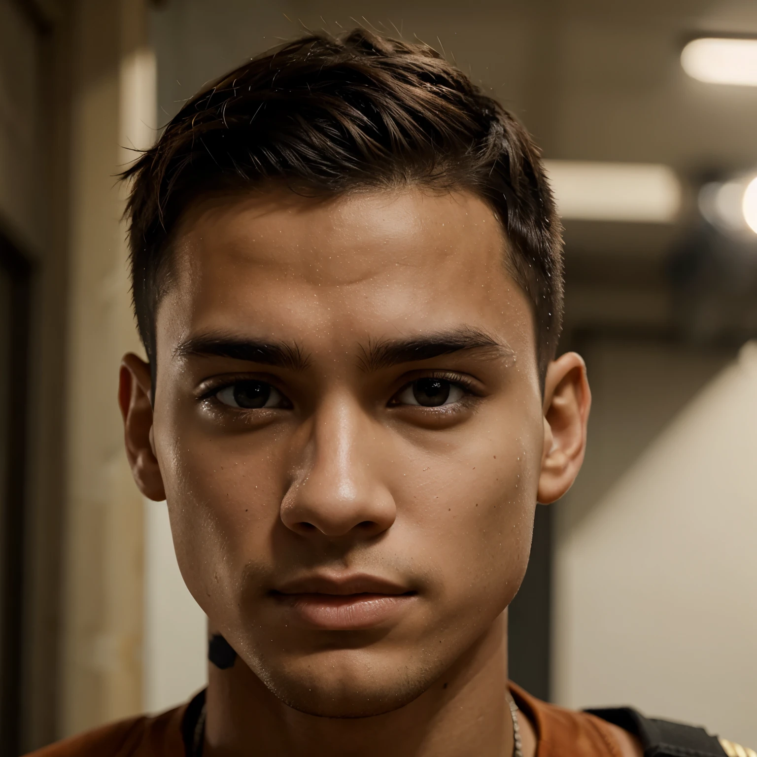 Young athletic man with light brown skin, short hair, military type, expressive black eyes