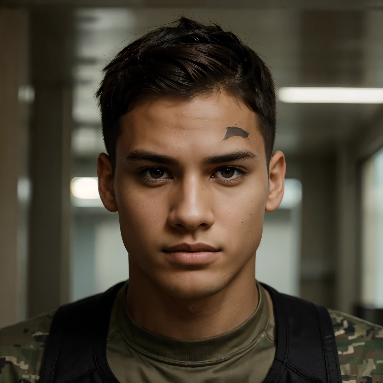 Young athletic man with light brown skin, short hair, military type, expressive black eyes