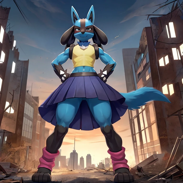 Lucario, male, only person, wearing a small femboy crop top and skirt, striped arm and leg warmers, strong wind blowing up skirt and crop top, holding back down, upward front view, standing onto of a skyscraper in a abandoned city