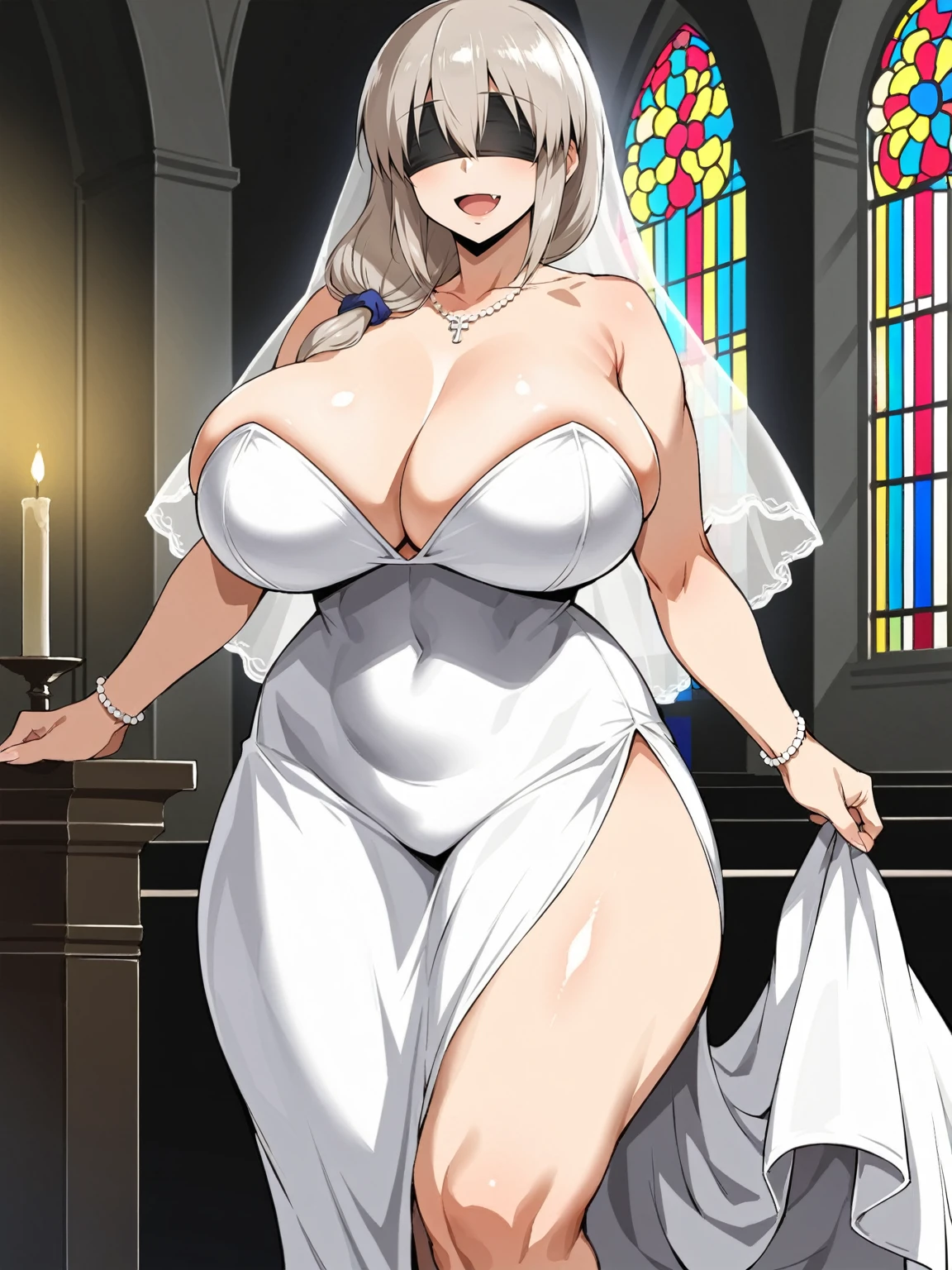 score_9, score_8_up, score_7_up, 1girl, looking at viewer, wedding gown, standing, wedding, uzaki chan, huge breasts, rating:safe, sfw, closeup, solo, abs, narrow waist, tiny waist, mature female, smile,  ikuchan, blindfold, blindfolded, front view, closeup, huge thighs, wedding setting, indoors, church 