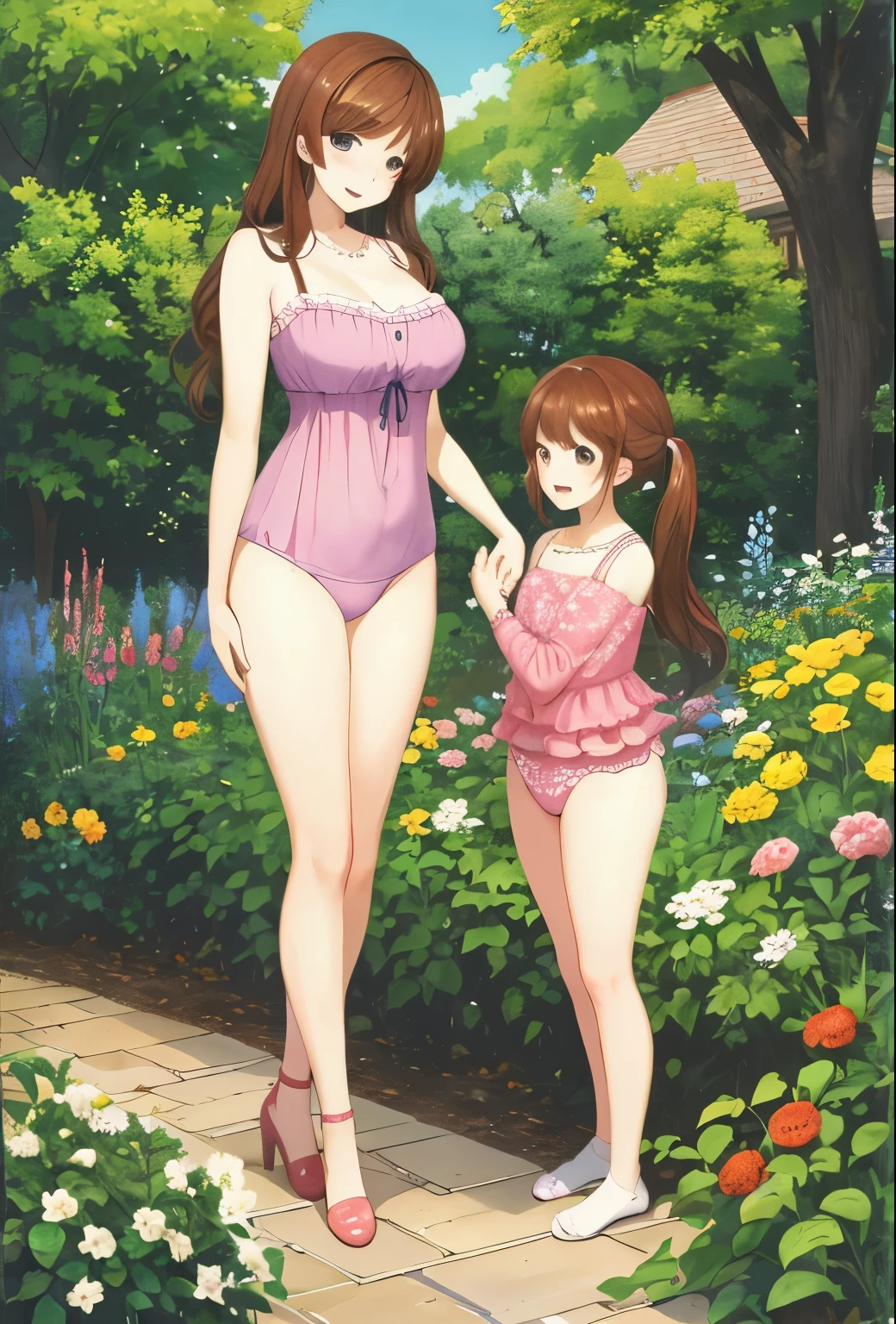 masterpiece, best quality, 2girls,full body, Mother and daughter, Voluptious body, mothers_and_daughter, age differrence,in garden