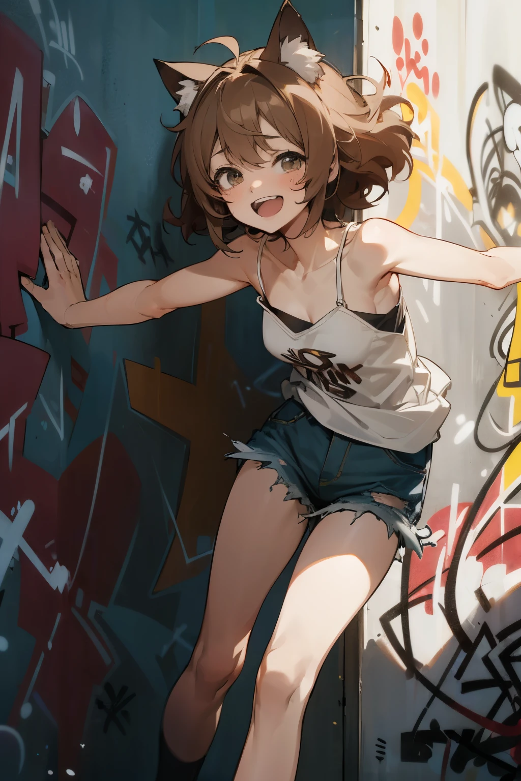 ((Masterpiece)), ((best quality)), (Anime:1.5), (messy lineart:1.2), (super detail:1.2), (High Definition), (Professional Photography:1.2), (()), cinematic lighting, (messy hair), stooped posture, Forward leaning posture, slightly exposed small breast, (badly tattered and torn camisole), (dirty white camisole), Slender body, cute small breast, open mouth, (laughing), Textured skin, cat ears, pale brown hair, Cute Beautiful girl, cute teenage girl,BREAK, ((best quality)), (outstretched arms), (against the graffiti wall:1.5), slum townscape,