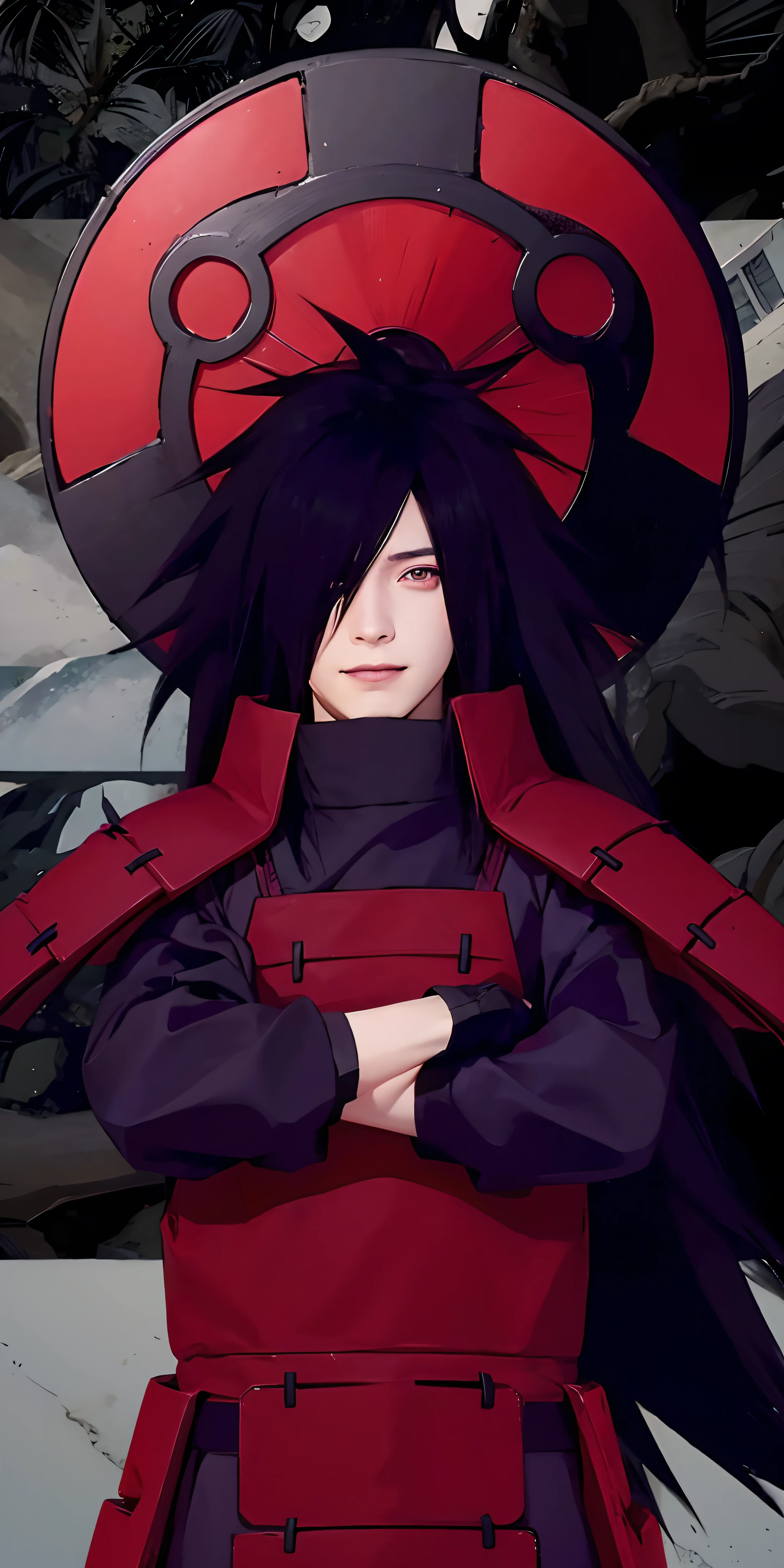 1 homem, uchiha madara no anime naruto, Cabelo longo , cabelo preto, olhos vermelhos, bonito, sorriso, roupas vermelhas, realista clothes, roupas detalhadas, fundo da cidade de praia, ultra detalhe, realista