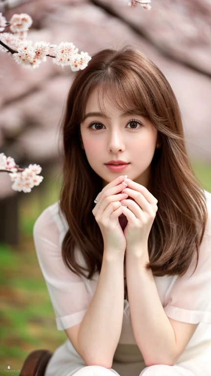 (8k、RAW Photos、highest quality、masterpiece:1.2)、Instagram Beauty,Very detailed、超A high resolution、High-resolution RAW color photos、Professional photos、Very delicate and beautiful、wonderful、finely、Very detailedな美しい女の子、Very detailedな顔、Very detailedな目、Very detailedな肌、Very thin fingers、Very detailedな鼻、Very detailedな口、Perfect Anatomy、Cute Japanese Women Photos、 1 girl、((Brown layered hair))、(in house)、22 years old、、Sit on a chair、Cherry blossom background