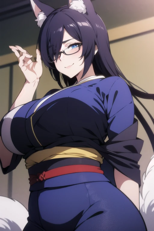 mature women,milf, big breast,beautiful face,long hair, shiny hair, blue eyes,high detailed,black hair, hair over one eye,masterpiece,perfect anatomy,deep cleveage,kimono,fox ears,fox tails,sexy smile,temple night,glasses,