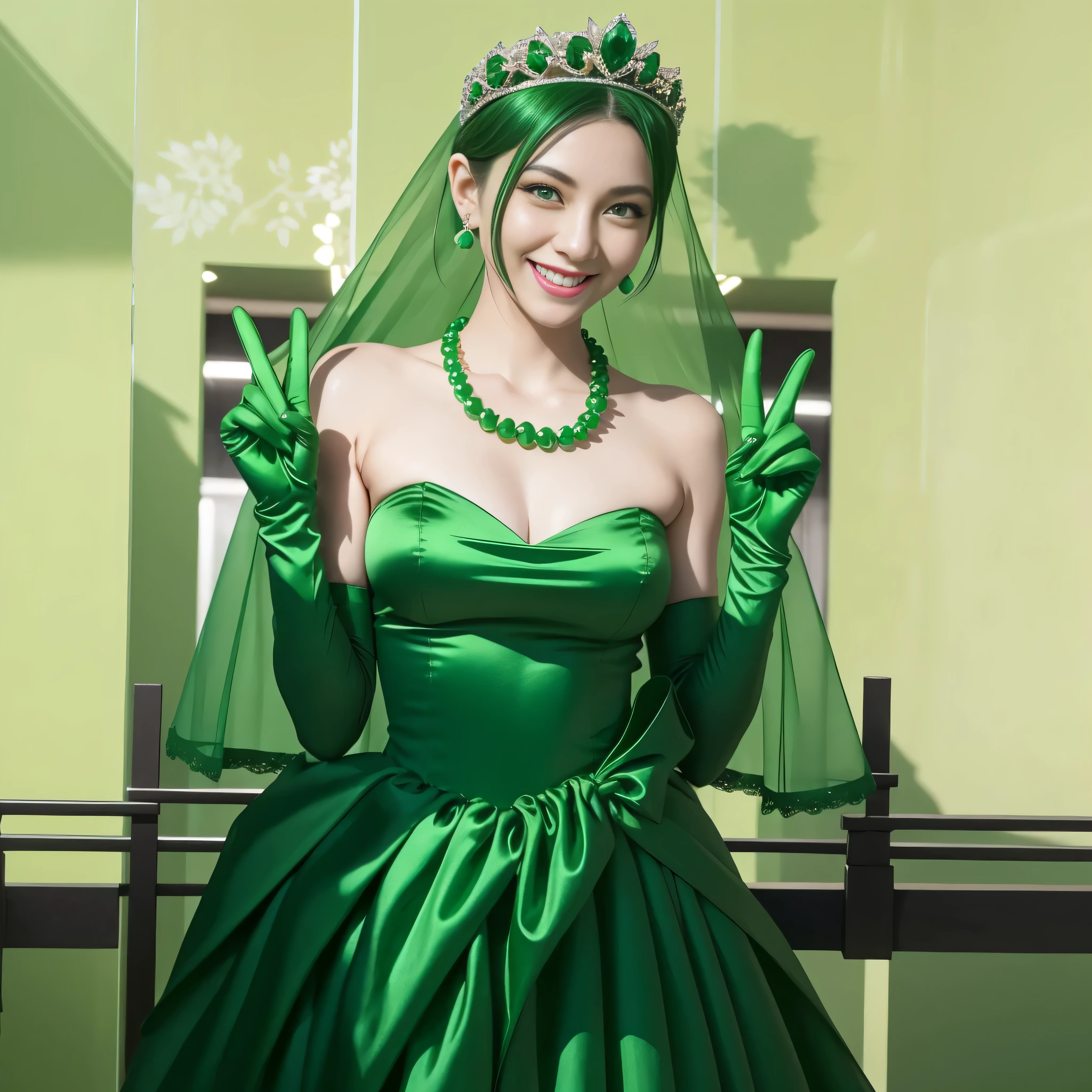 Emerald tiara, Green Pearl Necklace, Boyish very short green hair, lipstick, Smiling Japanese woman, Very short hair, Big tits beautiful, Green Eyes, Long green satin gloves, Green Eyes, v sign, Emerald Earrings, Green Veil