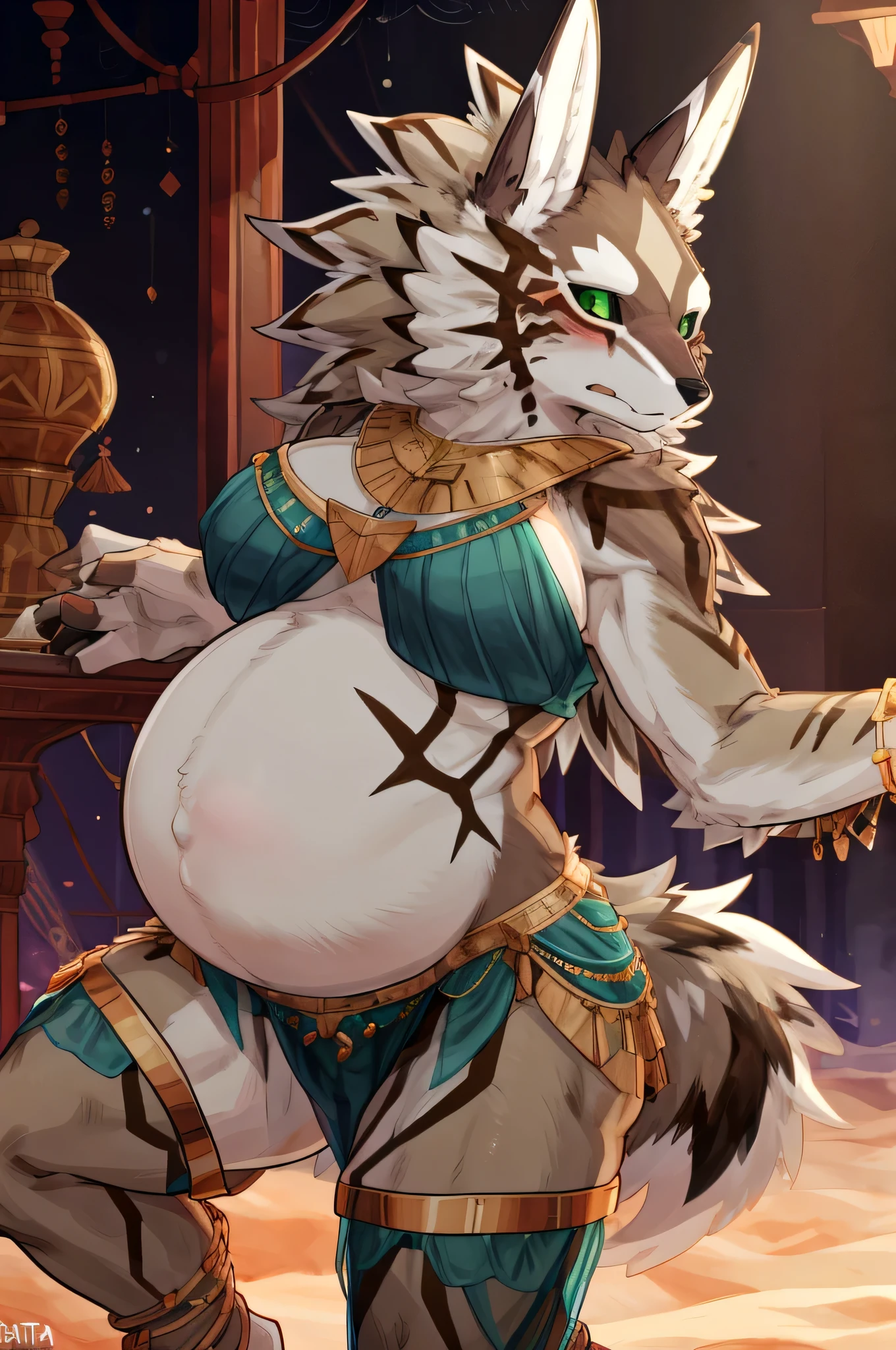 ((by Buta99, by SpiritD, best quality, masterpiece, perfect anatomy, detailed picture)), 1female, Jackal, Seth, Tokyo Afterschool Summoner, brown furs, clean eyes, green sclera eyes, young body, skinny body, big breasts, tail, big blushes, embarrassed, harem crop top, harem leg wear, harem loincloth, dancing, in the desert night club background, pregnant 