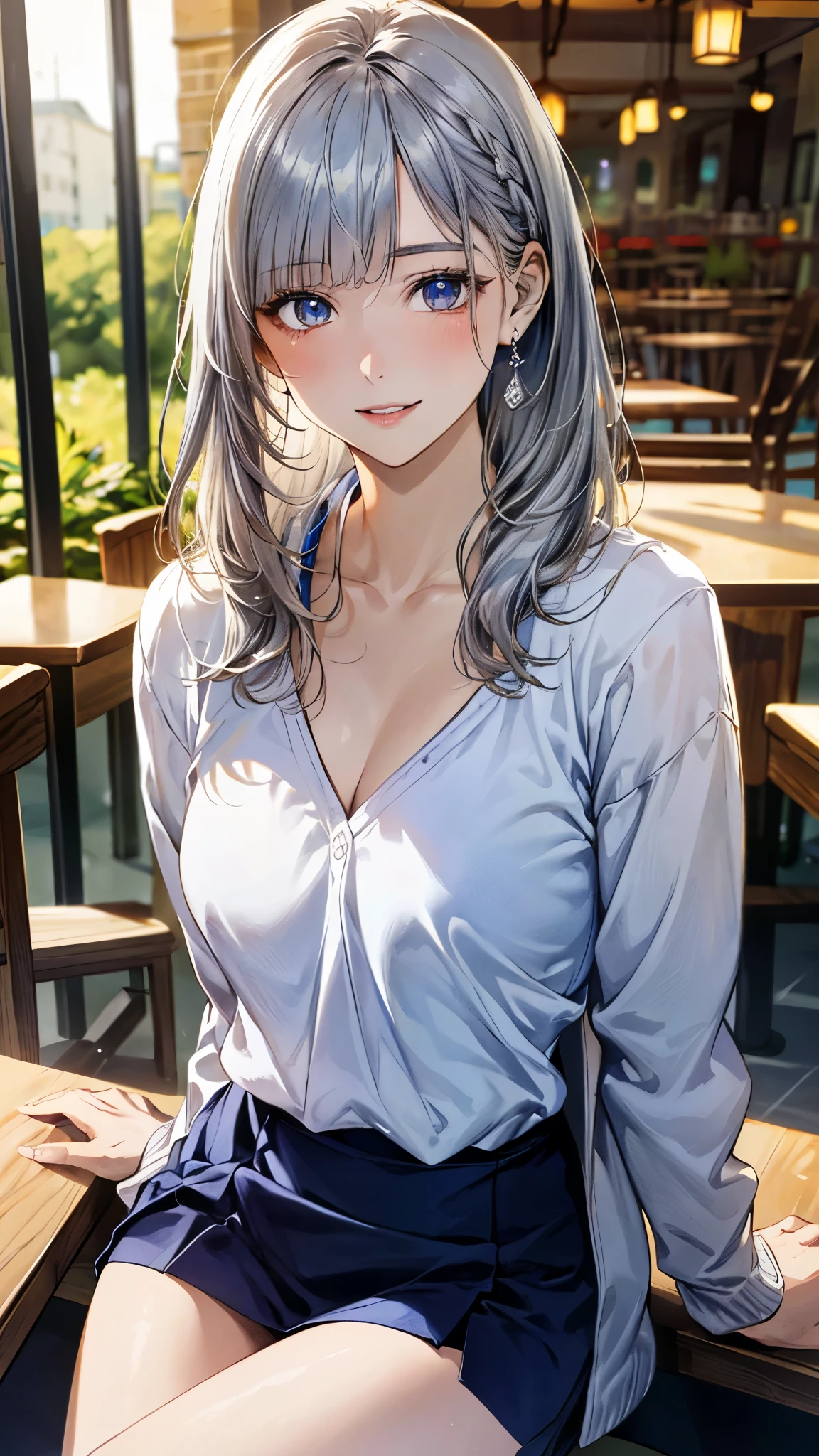 (masterpiece:1.3, top-quality, ultra high res, ultra detailed), (realistic, photorealistic:1.4), beautiful illustration, perfect lighting, natural lighting, colorful, depth of fields, surrealism,
beautiful detailed hair, beautiful detailed face, beautiful detailed eyes, beautiful clavicle, beautiful body, beautiful chest, beautiful thigh, beautiful legs, beautiful fingers, shiny skin,
looking at viewer, 1 girl, japanese, office lady, 19 years old, (perfect anatomy, anatomically correct, super detailed skin), cute and symmetrical face, babyface, perfect face, perfect eyes,
(long hair:1.8, straight hair, silver hair), blunt bangs, twin braided bangs, blue eyes, drooping eyes, long eye lasher, (medium breasts, seductive thighs), slender,
((long sleeve v-neck navy blue cardigan, closed cardigan), white camisole, light purple tight skirt),
(beautiful scenery), summer, evening, (restaurant, sitting restaurant chair), (lovely smile, upper eyes, parted lips),