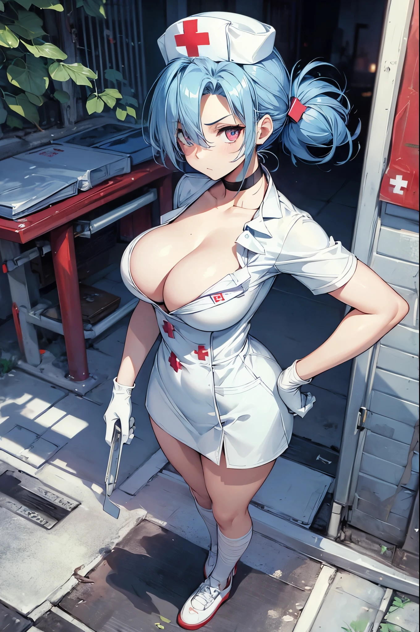 (masterpiece, best quality:1.2), expressive eyes, perfect face, highres, 1girl, solo, vskull, hair over one eye, light blue hair, nurse cap, nurse, large breasts, cleavage, white gloves, choker, red cross, bandages, white footwear, outdoors, frown, standing, upper body portrait, looking at the viewer